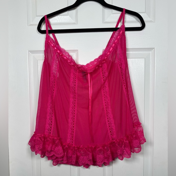 Other - Hot Pink Sheer Mesh Lace Babydoll Lingerie Top Ruffle Hem Size L